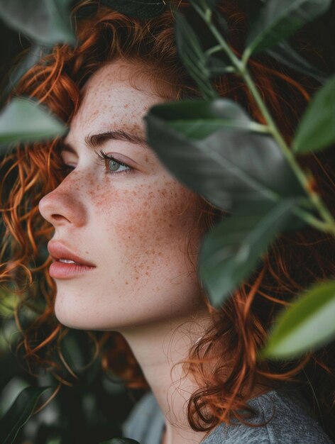 Photo natural beauty portrait of a freckled redhead surrounded by greenery