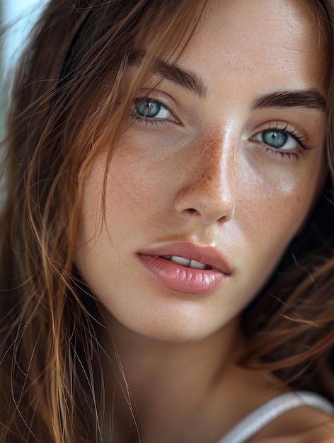 Natural Beauty Portrait with Freckles and Blue Eyes