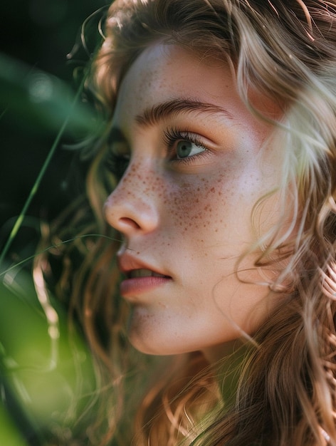 Photo natural beauty portrait with freckles in lush greenery