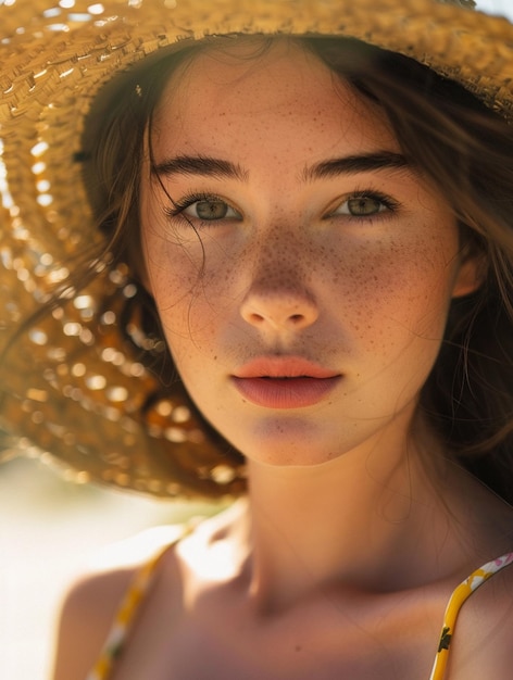 Photo natural beauty portrait with sun hat and freckles summer vibes