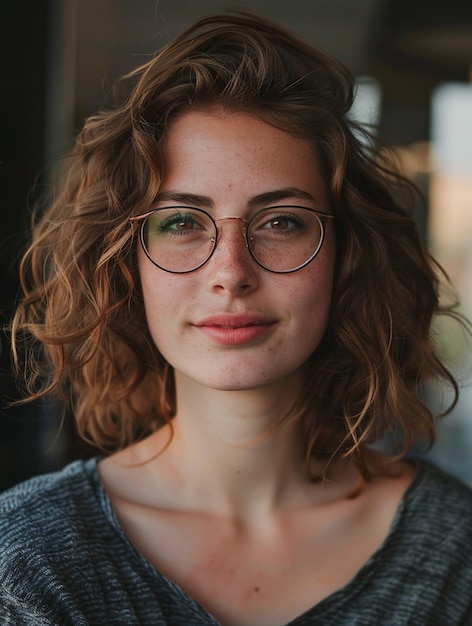 Natural Beauty Portrait of a Young Woman with Curly Hair and Glasses