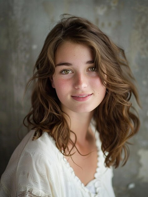 Natural Beauty Portrait of Young Woman with Wavy Hair