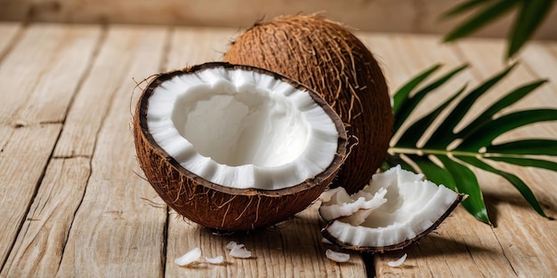 Natural beauty product and coconut on light wood