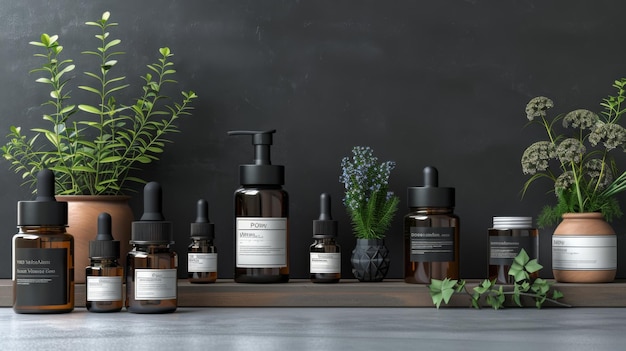 Natural Beauty Products Displayed on a Wooden Shelf