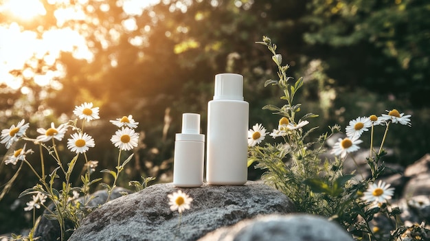 Photo natural beauty products with blooming daisies