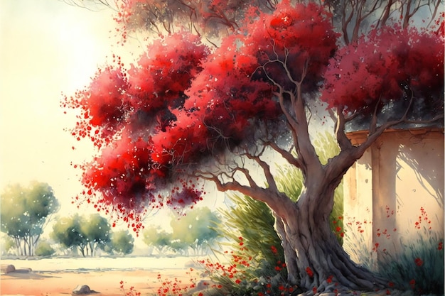 Natural beauty red tree digital illustration painting artwork