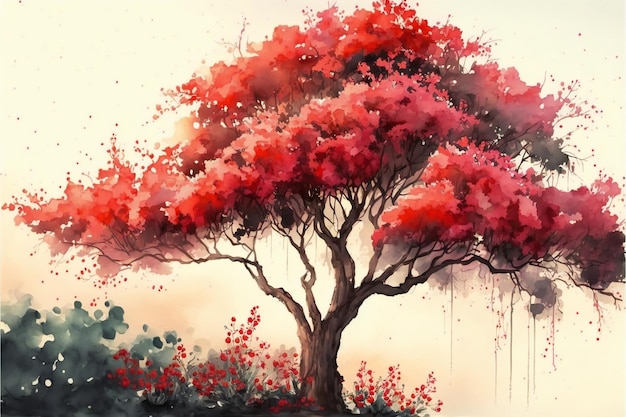 Natural beauty red tree digital illustration painting