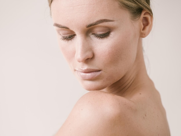 Natural beauty skin woman face close up macro model beauty. Studio shot.