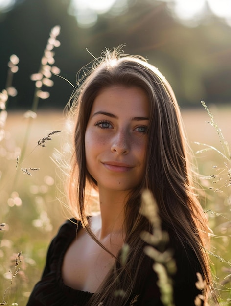 Photo natural beauty in sunlit field portrait of young woman with long hair