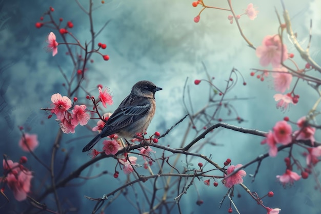 Natural Bird branch flower Generate Ai