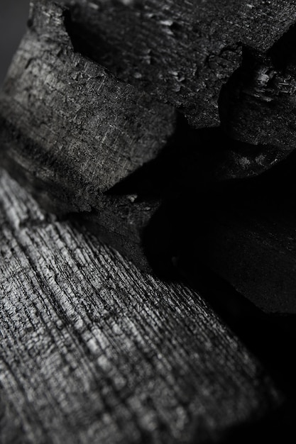 Natural black hard wood charcoal close up