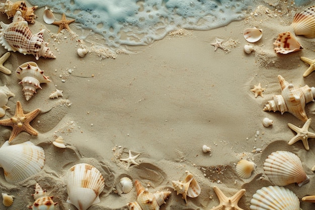 Natural Border Sandy Beach with Seashell and Starfish Collection for Summer Textured Background