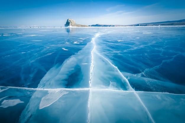 Natural breaking ice in frozen water at Lake Baikal, Siberia, Russia.