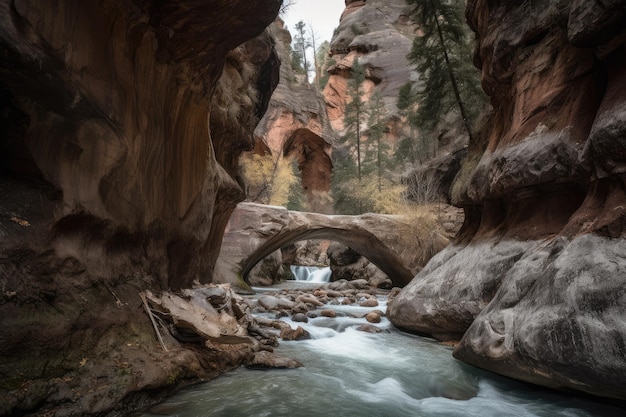 Natural bridge of rock and stone in canyon with rushing stream below created with generative ai