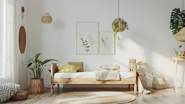 Natural bright kids bedroom interior with wooden furniture designer accessories and Generative AI