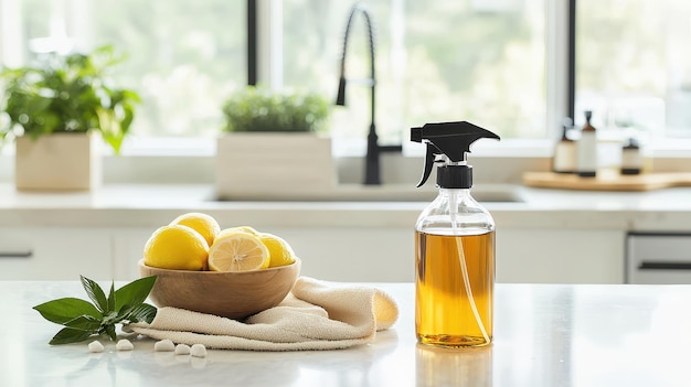 Photo natural cleaning products with lemons and spray bottle on kitchen counter