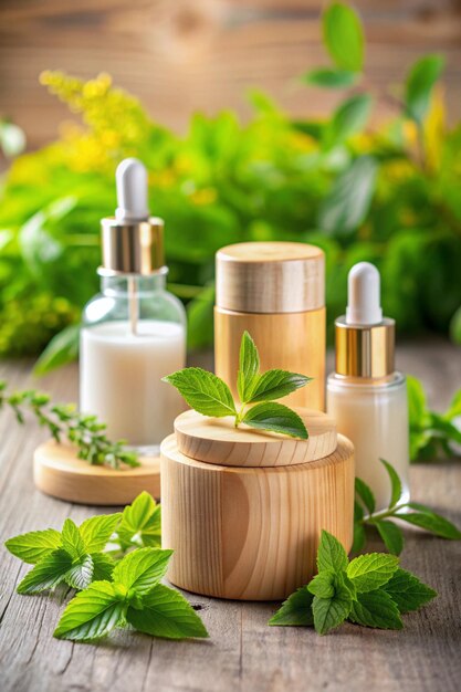 Photo natural cosmetic cream serum skincare blank bottle packaging with leaves herb wood bio organic productbeauty and spa concept