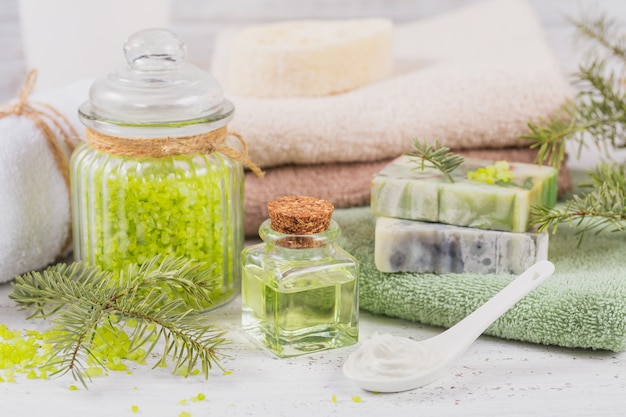 Natural cosmetic oil, sea salt, facial mask and natural handmade soap with coniferous extract