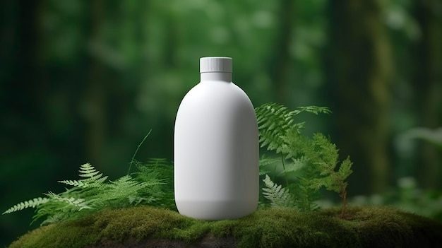 Natural cosmetic product presentation backstage outdoors forest placement white blank jar shampoo bottle 3d AI Generative