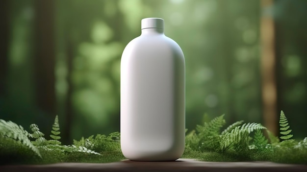 Natural cosmetic product presentation backstage outdoors forest placement white blank jar shampoo bottle 3d AI Generative