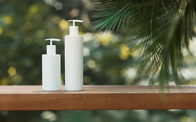 Natural Cosmetic product presentation. Ourdoors garden placement. White blank Jar shampoo bottle. 3d illustration content.