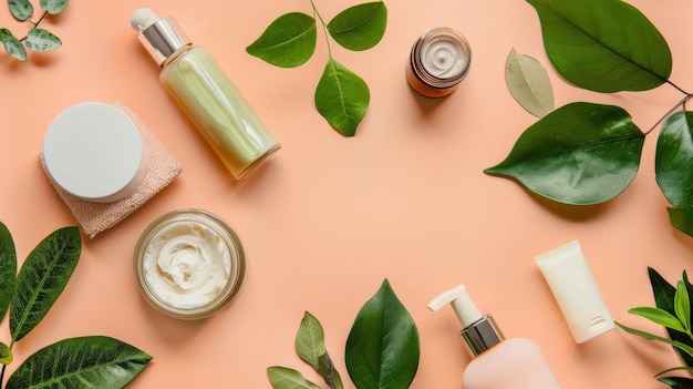 Photo natural cosmetic products flat lay skincare products arranged neatly on soft peach background