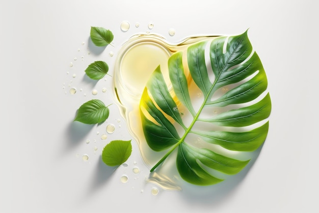 Natural cosmetic setting sunshine on a white background clean translucent water splashes with a green leaf flat lay top view and copy space