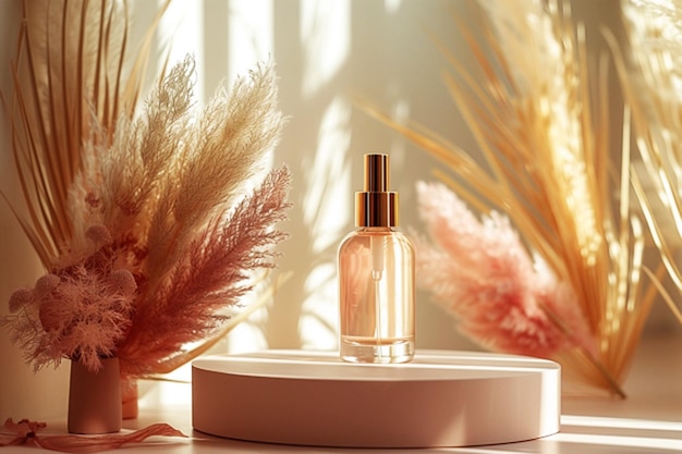 Natural cosmetic skincare bottle with a golden lid and transparent serum on a podium for mockup