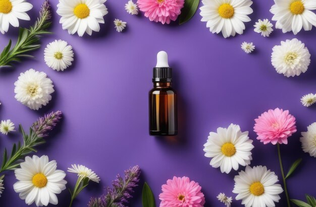 natural cosmetics blank glass essence oil bottle with chamomile flowers flatlay composition