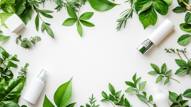 Photo natural cosmetics and green leaves on white background