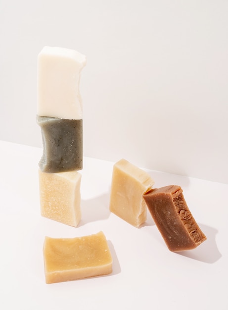 Natural cosmetics. handmade soap composition, stack of organic natural soap on white background