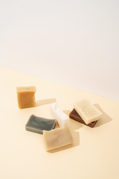 Natural cosmetics. handmade soap composition, stack of organic natural soap on white background