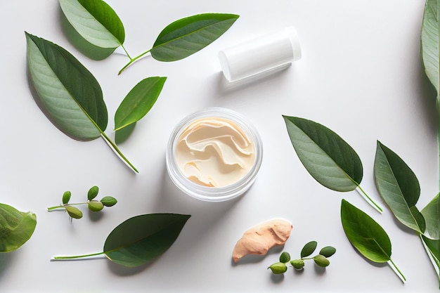 Natural cosmetics ready for spa treatment decorated with fern leaves flat lay composition AI Generated