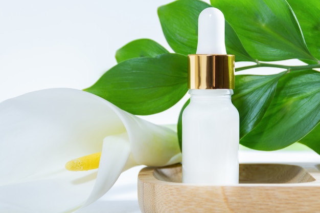 Natural cosmetics, serum with dropper, calla lily flower and green leaves 