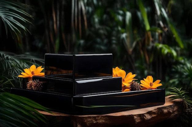 Natural cubic black plastic cosmetic podium background with amber in the tropical forest