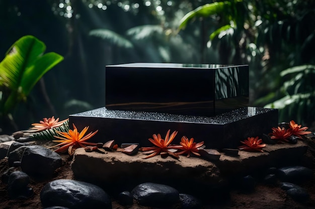 Natural cubic black stone cosmetic podium scenery with agate in the tropical forest