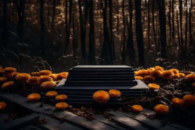 Natural cubic black wooden podium background with dried chrysanthemum in the forest