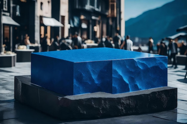 Natural cubic blue rock cosmetic podium composition with black rock in the street