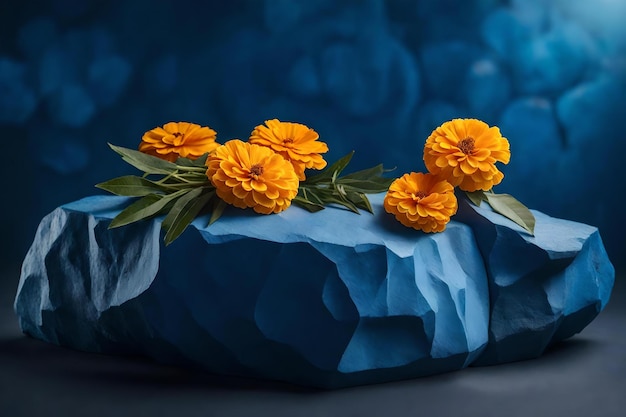 Natural cubic blue rock cosmetic podium scenery with marigold flower in the photo studio