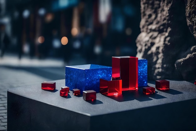 Natural cubic blue stone cosmetic podium scenery with red crystal in the street