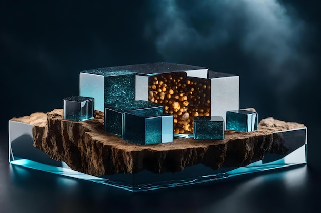 Natural cubic glass rock cosmetic podium composition with dolomite in the photo studio