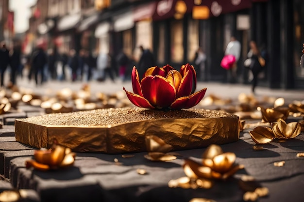 Natural cubic golden rock cosmetic podium background with dried tulip in the street