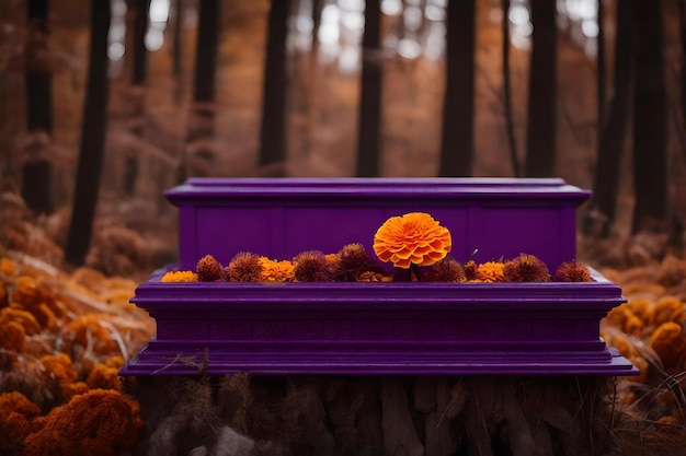 Natural cubic purple plastic podium composition with dried marigold flower in the forest