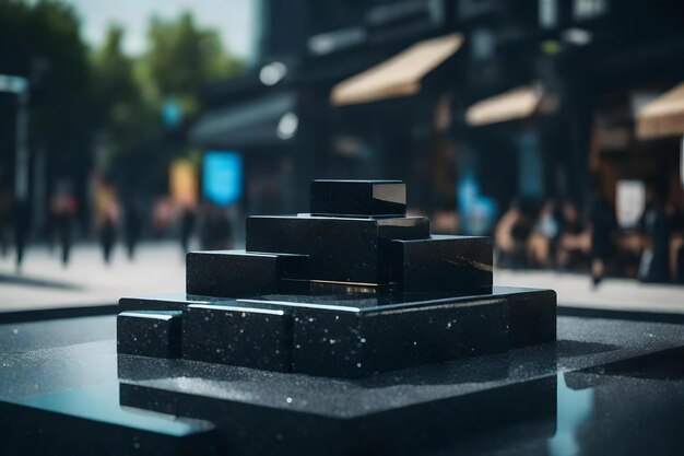 Natural cubic tinted glass rock cosmetic podium scenery with black rock in the street