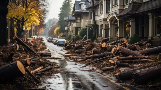 Natural disaster destroying the road and car