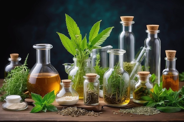 Natural drug research Natural organic and scientific extraction in glassware Alternative green herb medicine Natural skin care beauty products Laboratory and development concept