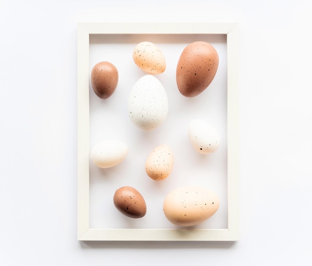 Natural eco eggs on a white background with copy space for text in a frame Minimal concept View from above Easter card soft selective focus