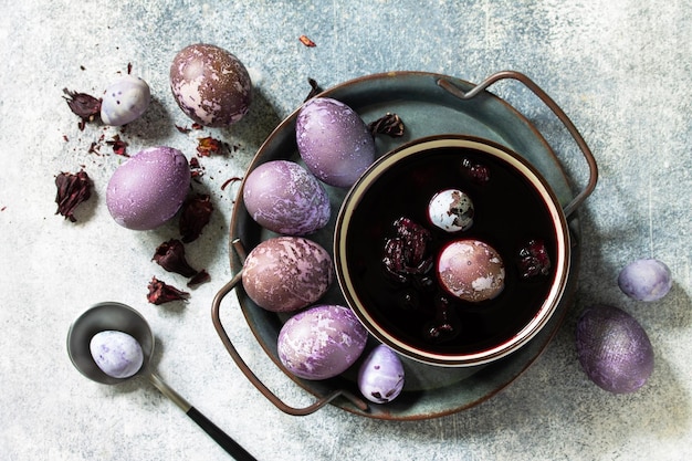 Natural egg dye purple Easter eggs are painted with natural egg dye from Hibiscus tea