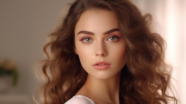 Natural Elegance Attractive Girl with Wavy Hair and Minimal Makeup on Beige Beauty and Health ConceptxA