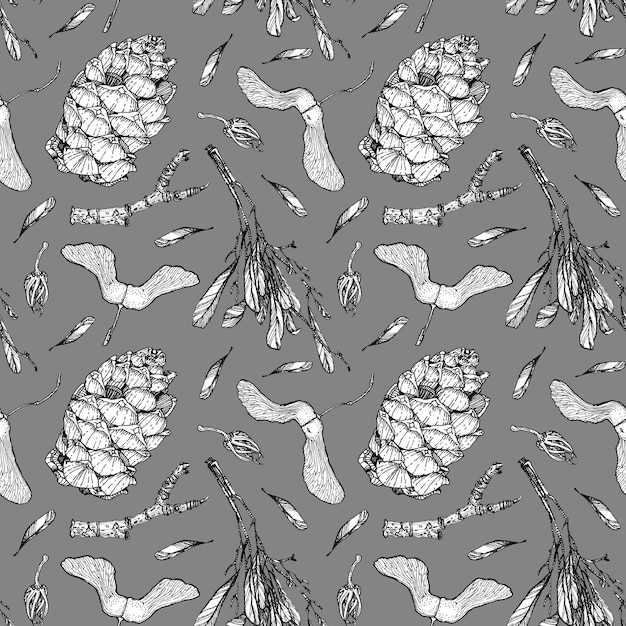 Natural elements pattern Repeating cone twig and seeds on gray Black inked illustration